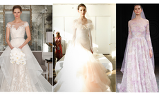 Váy cưới nổi bật với gam màu sâm panh và trắng họa tiết