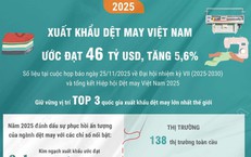 Xuất khẩu dệt may Việt Nam năm 2025 ước đạt 46 tỷ USD, tăng 5,6%
