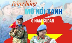 Bóng hồng blouse trắng và mũ nồi xanh ở Nam Sudan
