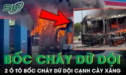 Hai ô tô bốc cháy dữ dội cạnh cây xăng giữa trưa nắng khiến nhiều người hoảng sợ