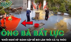 Ông bà bất lực khi ‘khối nghỉ hè’ nghịch sập ‘bể bơi’, làm trôi cả tạ thóc