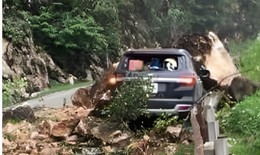Hòa Bình: Sạt lở đất đá đè bẹp ô tô, giao thông ùn tắc nghiêm trọng
