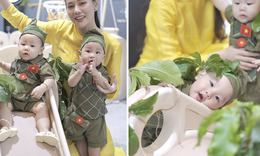 Cặp song sinh nhà Phương Oanh gây sốt với trang phục áo trấn thủ, mũ ca lô