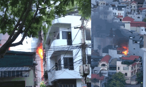 Cháy lớn tại Thanh Trì, người dân dẹp đường cho xe cứu hỏa tiếp cận