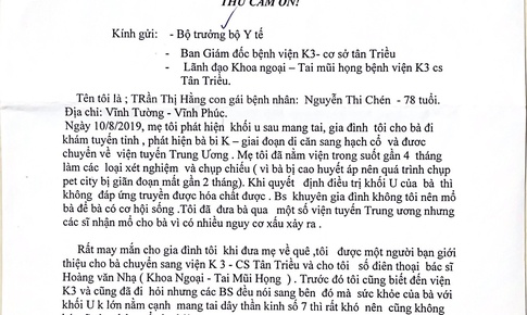 X&#250;c động bức t&#226;m thư cảm ơn y b&#225;c sĩ đ&#227; tận t&#236;nh cứu chữa, chăm s&#243;c bệnh nh&#226;n ung thư