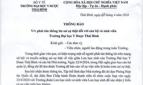 Đại học Y Dược Th&#225;i B&#236;nh th&#244;ng tin về vụ lưu học sinh  c&#243; quan hệ t&#236;nh cảm với c&#225;n bộ nh&#224; trường