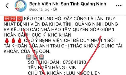 Cảnh giác trang fanpage BV Sản Nhi Quảng Ninh giả, kêu gọi chuyển tiền ủng hộ