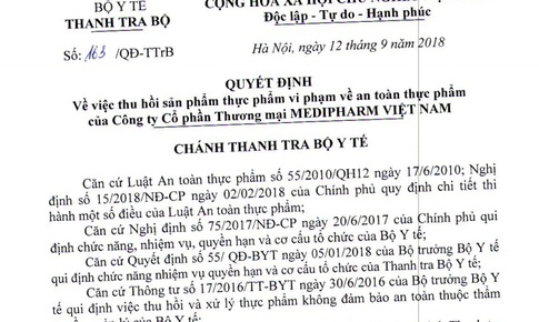 Thu hồi thực phẩm bảo vệ sức khoẻ Medikids