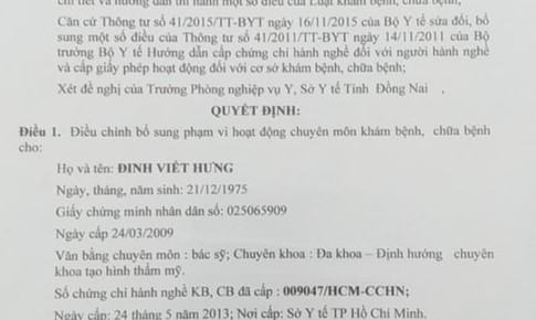 B&#225;c sĩ của BV Emcas d&#249;ng giấy tờ giả mạo quyết định cấp ph&#233;p bổ sung về phẫu thuật thẩm mỹ