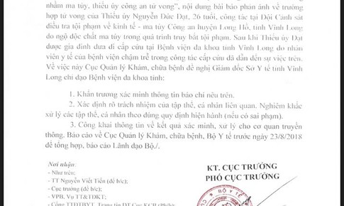 Bộ Y tế y&#234;u cầu l&#227;m r&#245; vụ &quot;chậm cấp cứu khiến thiếu &#250;y c&#244;ng an tử vong”