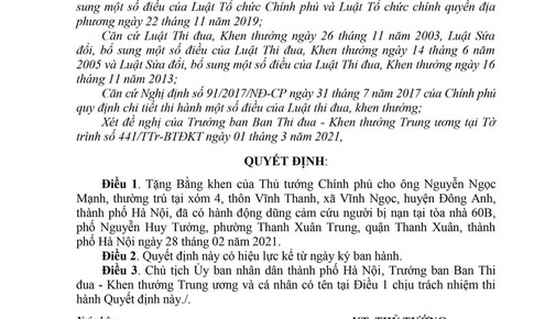 Tặng Bằng khen của Thủ tướng Ch&#237;nh phủ cho &quot;người h&#249;ng&quot; Nguyễn Ngọc Mạnh