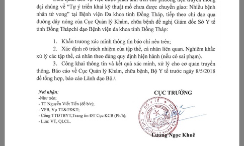 Bộ Y tế yêu cầu Đồng Tháp làm rõ phản ánh “ Tự ý triển khai kỹ thuật mổ chưa được chuyển giao, nhiều bệnh nhân tử vong”