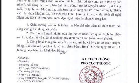 Bộ Y tế y&#234;u cầu l&#224;m r&#245; phản &#225;nh trẻ 4 th&#225;ng tuổi tử vong tại BVĐK huyện Mường La- Sơn La