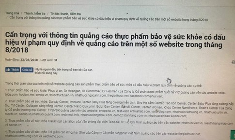 Danh s&#225;ch c&#225;c website quảng c&#225;o thực phẩm bảo vệ sức khỏe c&#243; dấu hiệu vi phạm