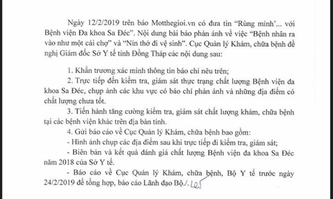 B&#244;̣ Y t&#234;́ y&#234;u c&#226;̀u làm rõ phản &#225;nh “Bệnh nh&#226;n ra v&#224;o như một c&#225;i chợ” v&#224; “N&#237;n thở đi vệ sinh” tại BVĐK Sa Đéc