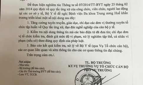 Bộ Y tế y&#234;u c&#226;̀u B&#234;̣nh vi&#234;̣n TW Hu&#234;́ kiểm tra xử l&#253; th&#244;ng tin c&#225;n bộ y tế h&#224;nh hung nữ thực t&#226;̣p sinh