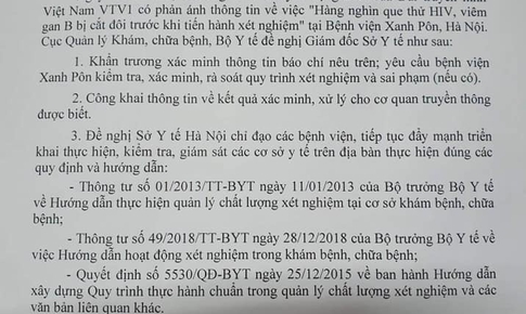 Bộ Y tế đề nghị l&#224;m r&#245; vụ việc cắt đ&#244;i que thử HIV, vi&#234;m gan B tại BVĐK Xanh P&#244;n