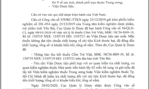 Thuốc cốm Trẻ Việt bị thu hồi do không đạt chất lượng