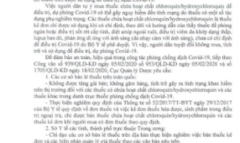 Bộ Y tế y&#234;u cầu người d&#226;n kh&#244;ng t&#237;ch trữ, tự &#253; sử dụng chloroquin