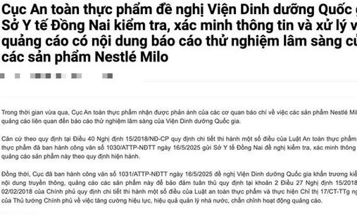Bộ Y tế yêu cầu kiểm tra, xác minh thông tin quảng cáo Nestlé Milo gắn tên Viện Dinh dưỡng Quốc gia